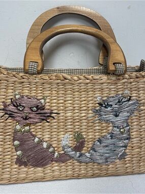 Cappelli Vintage Cat Lady Woven Straw Bag Purse Retro Boho Beach Wooden Handles